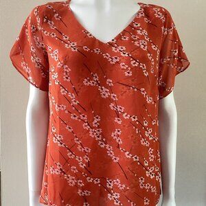 CAbi #5712 Chiffon V-Neck Cherry Blossom Floral Split Sleeve Blouse Top Size 2XL
